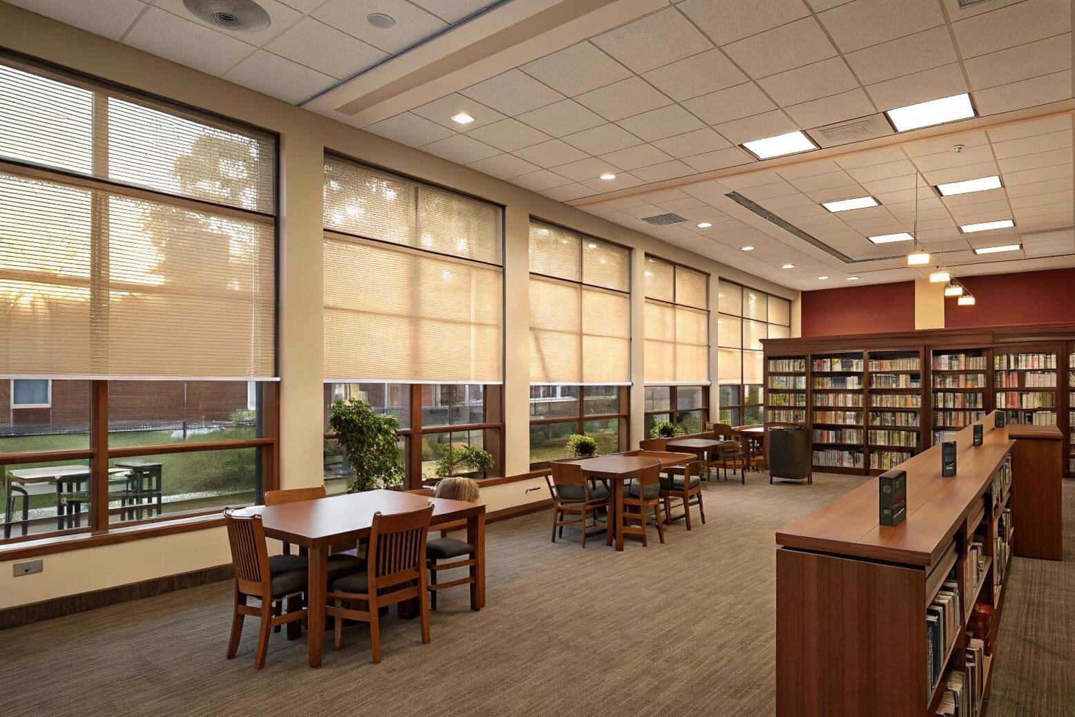 Library study area with large windows featuring [light-filtering roller shades](https://www.blinds.com/buying-guides/light-filtering-buying-guide?srsltid=AfmBOopDMsMhAEwyTgpx_lhrq5doRCqusWB_VbCzaUQd7gs0ByomVS3x)[^2]