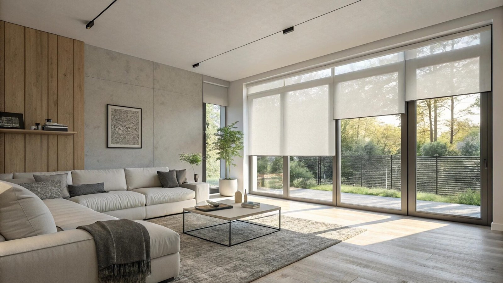 Modern living room with large glass doors and sheer roller shades