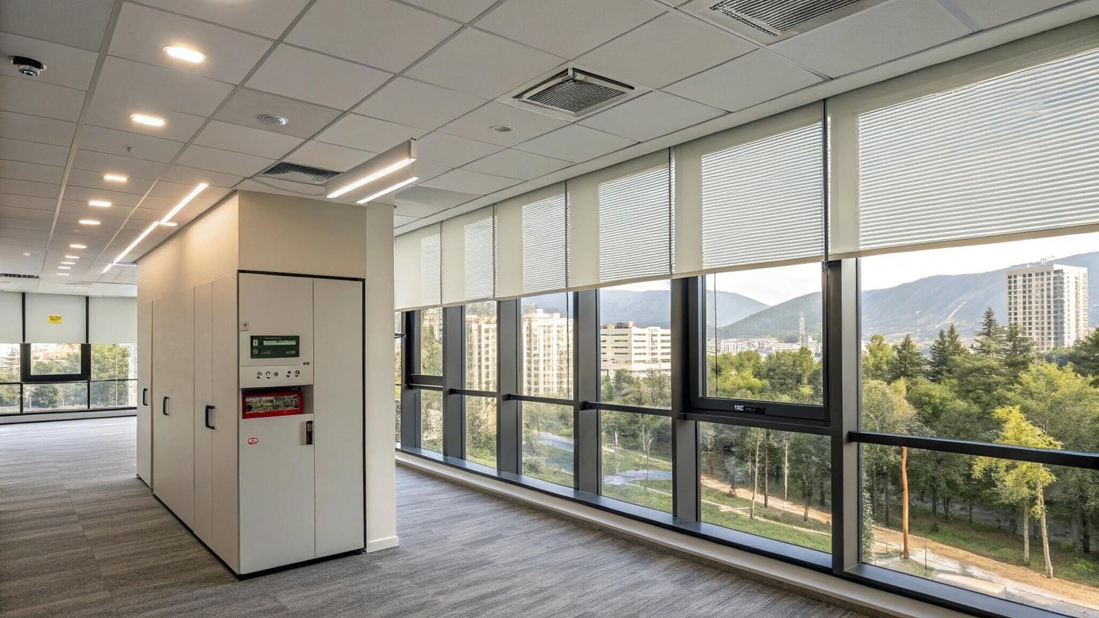 Empty office floor with large windows featuring light cellular shades and city view