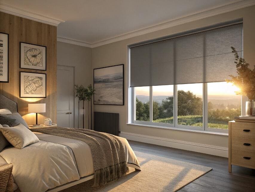 Bedroom with dark grey roller shades and a scenic sunset view