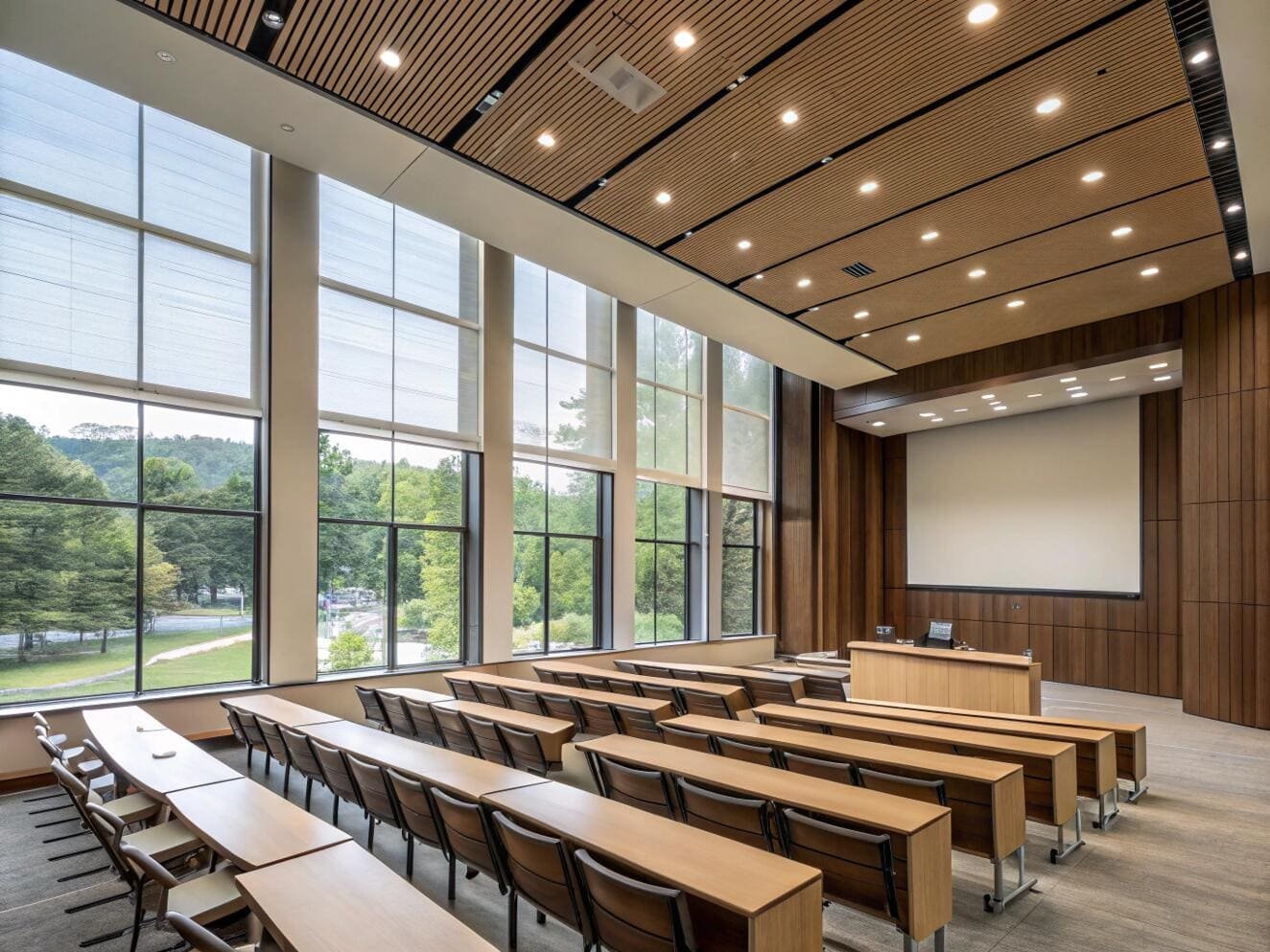 Lecture hall with tall windows and light-filtering roller shades