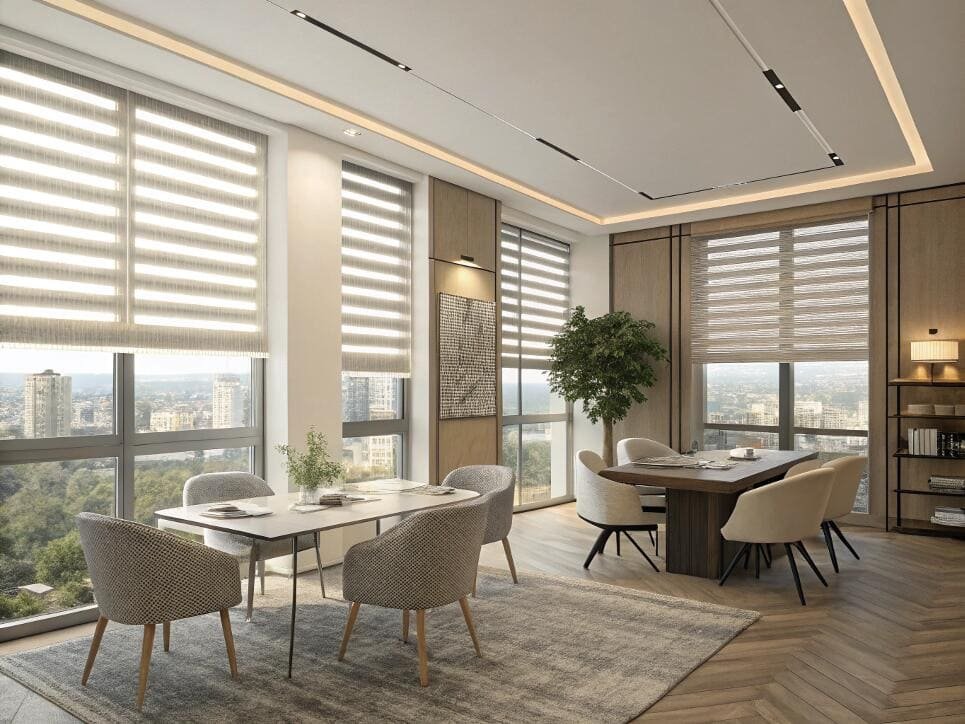 Dining room with modern zebra blinds and city views