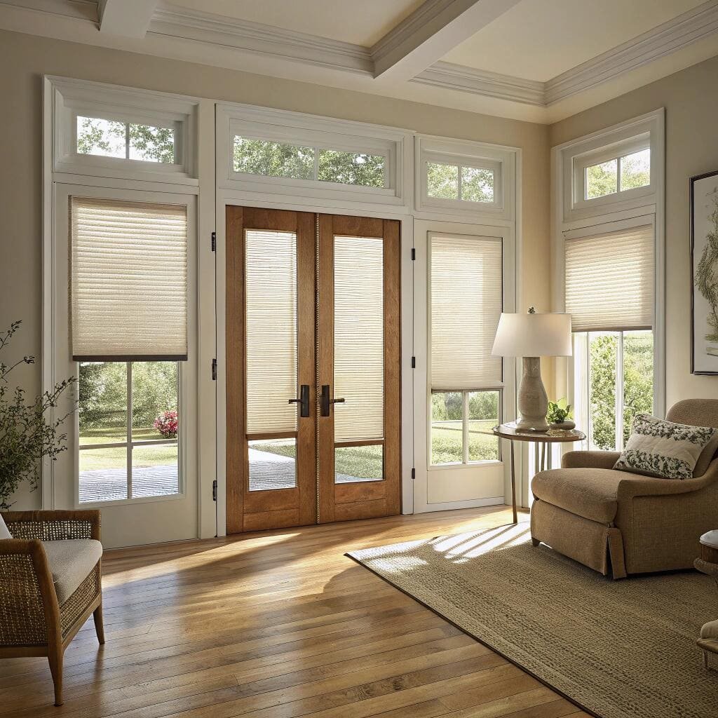 Living room with honeycomb blinds and French doors