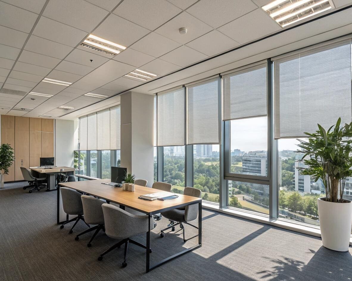 Modern office with city views and privacy cellular shades