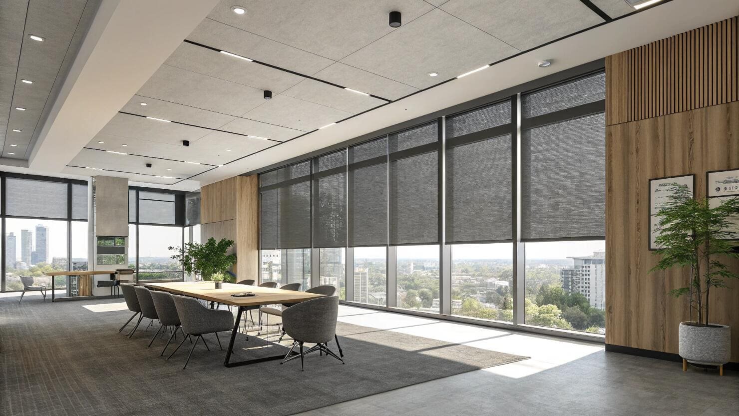 Modern office boardroom with dark solar roller shades and city view