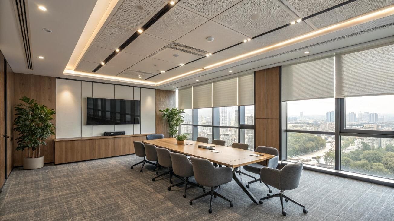Modern office boardroom with light roller shades, city view.