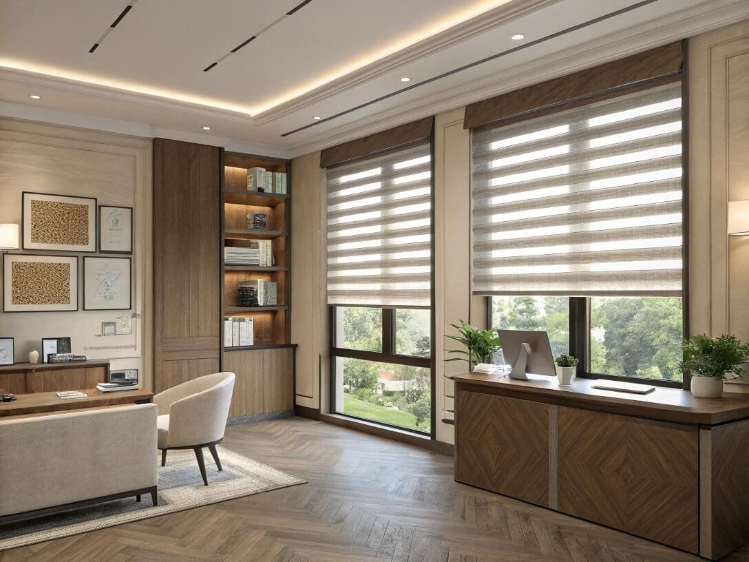 Luxurious office with elegant zebra blinds providing light control and privacy