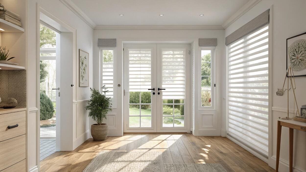Elegant entry with French doors and precise zebra blinds controlling light