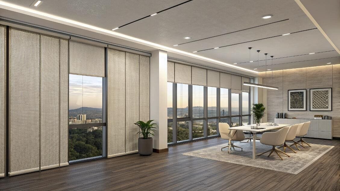 Modern office with panel track blinds and roller shades, city view.