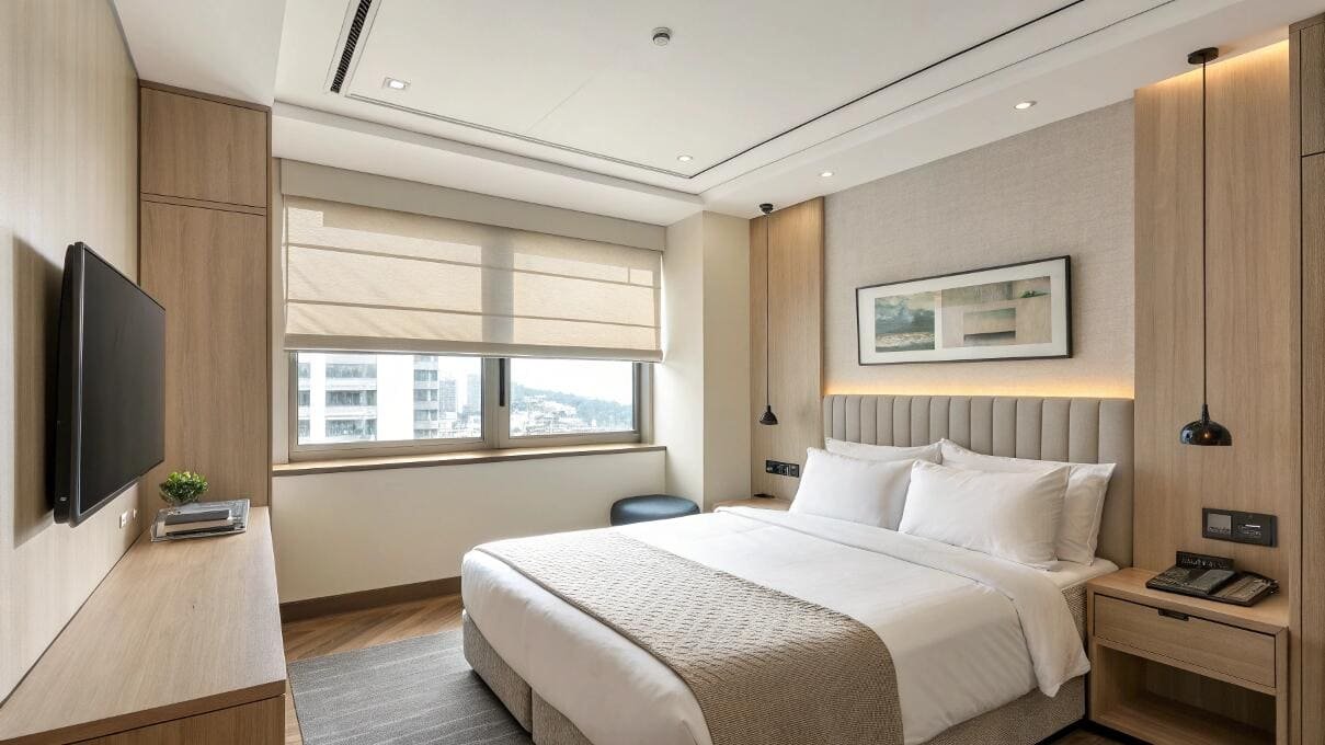 Modern hotel bedroom with a smart Roman blind for light management.