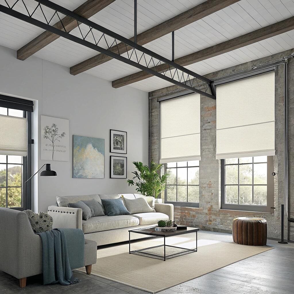 Industrial loft living room with roller blinds