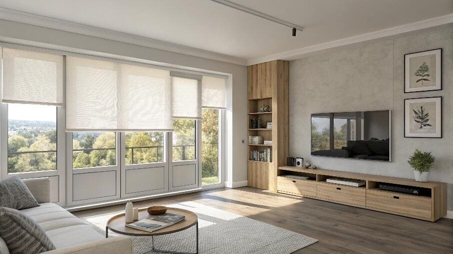 Modern living room with light-filtering roller shades on expansive windows.