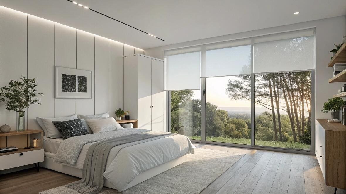 Modern bedroom with white [roller shades](https://www.energy.gov/energysaver/energy-efficient-window-coverings)[^1] offering a scenic outdoor view.