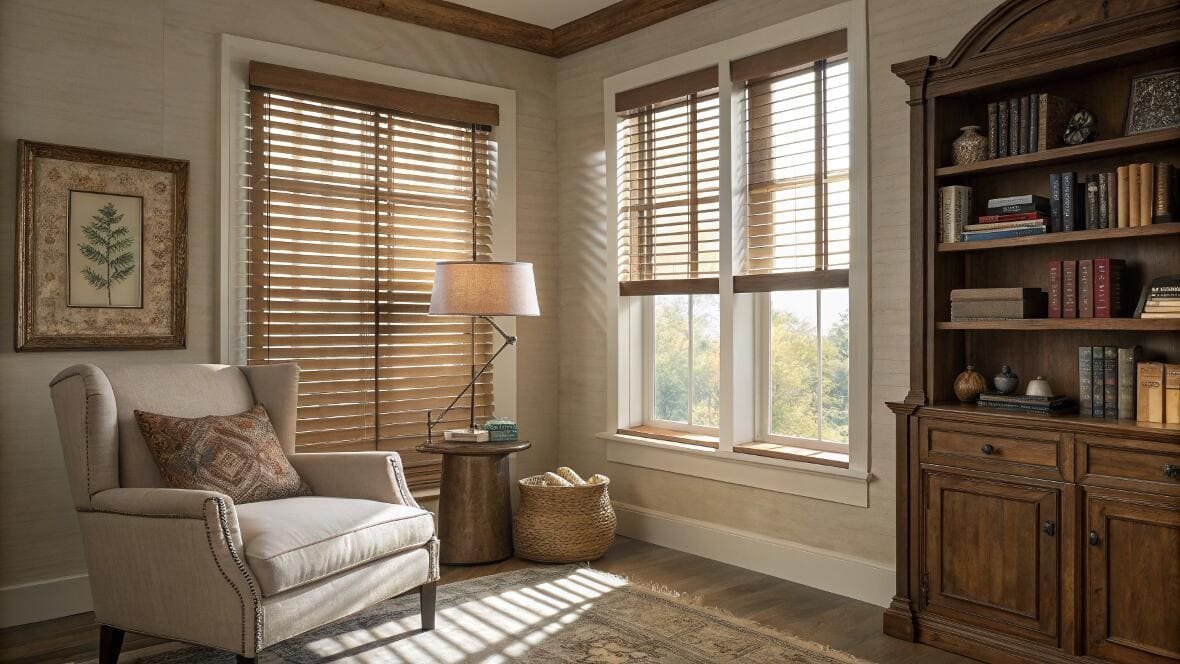 Classic reading nook with natural wood blinds for light and privacy.