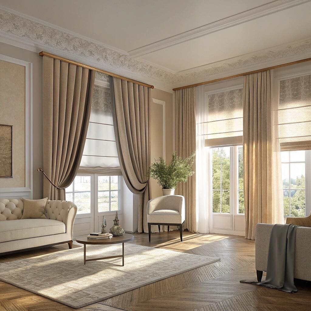 Classic living room with beige drapes and roman shades