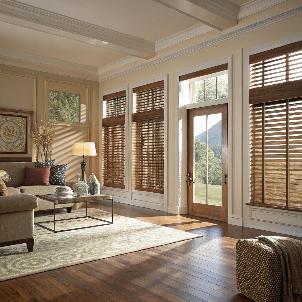 Living room with wood blinds and sunlight