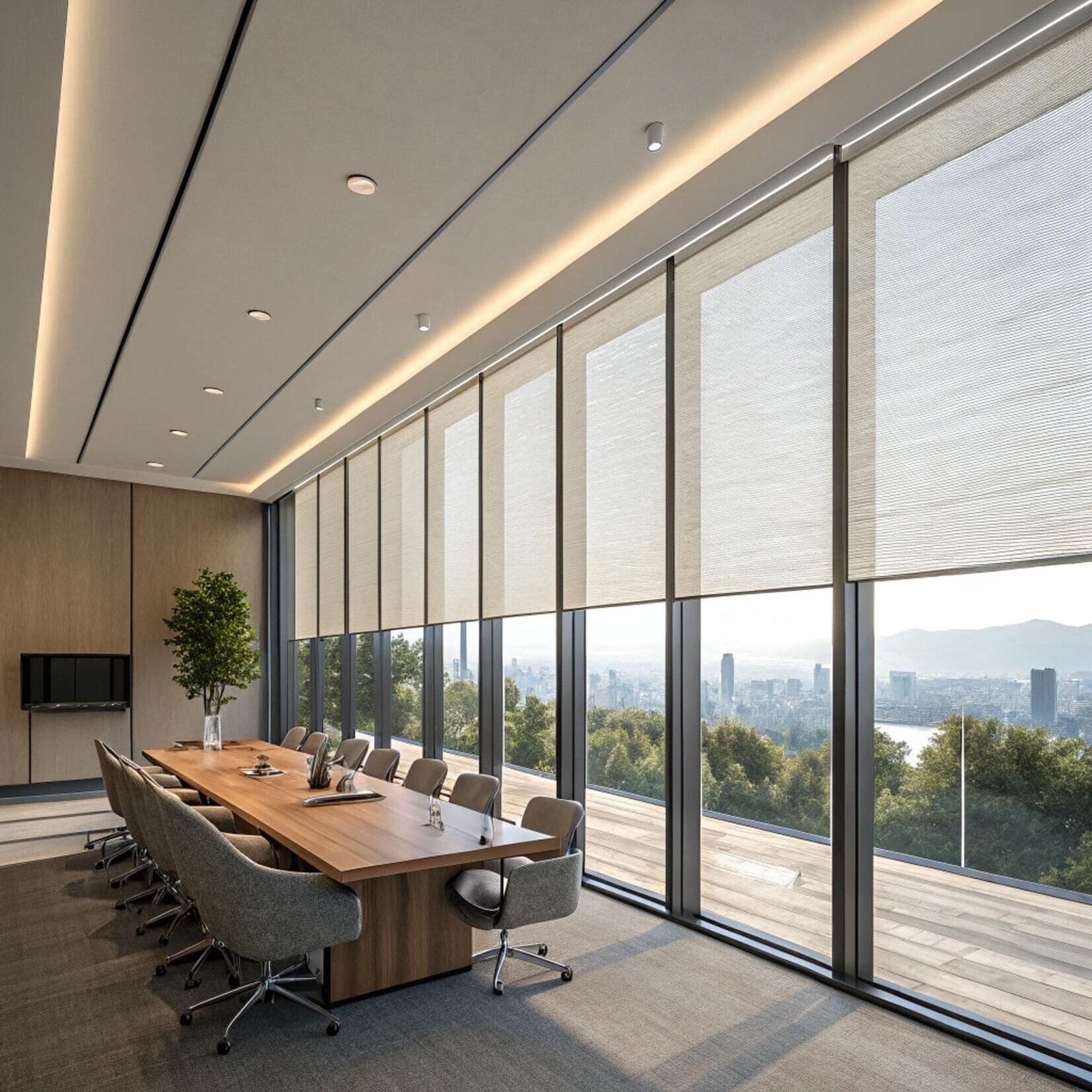 Modern boardroom with motorized sheer roller blinds and cityscape