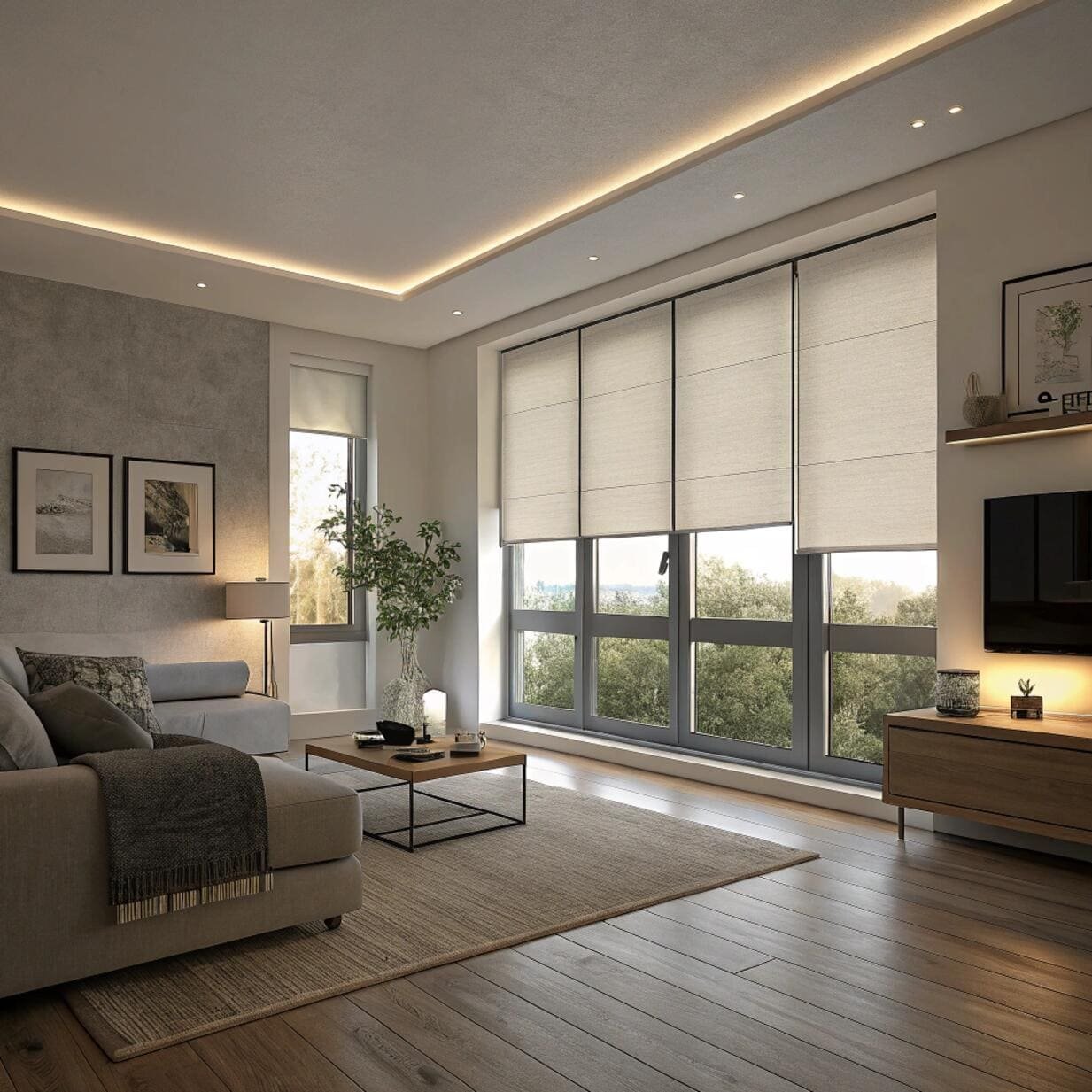 Modern living room with beige roller blinds