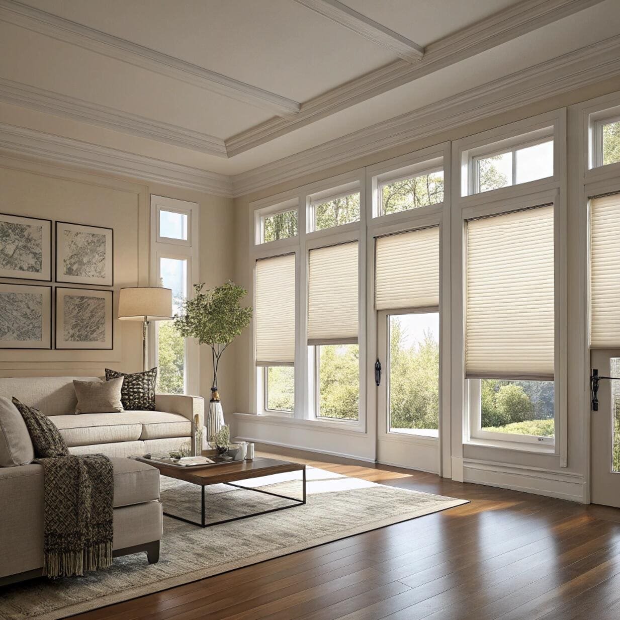 Cozy living room with beige cellular blinds