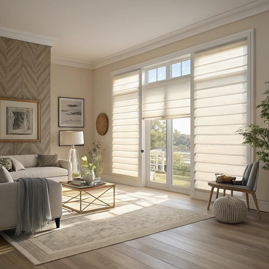Bright living room with elegant light roman blinds