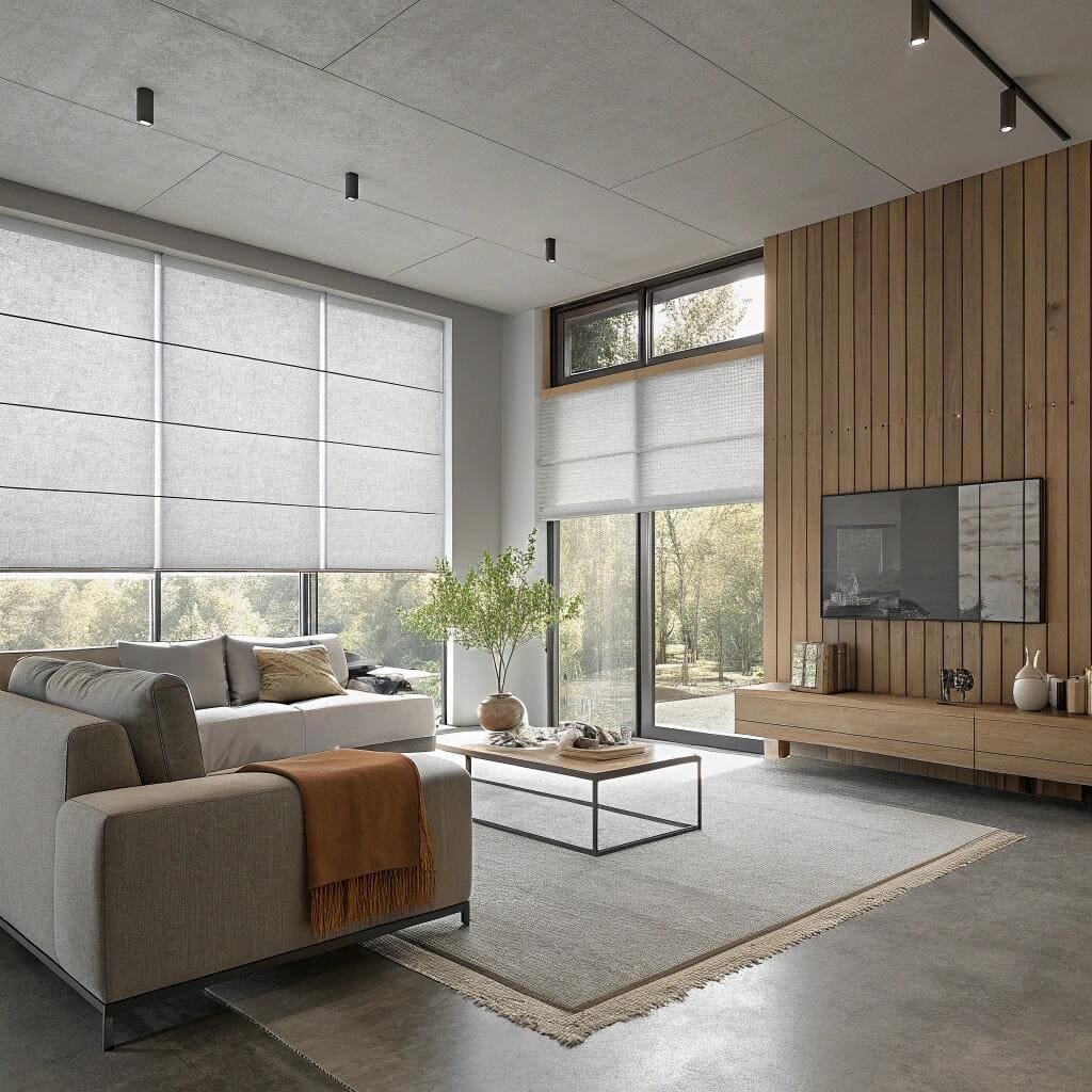 Modern living room with large white roman blinds