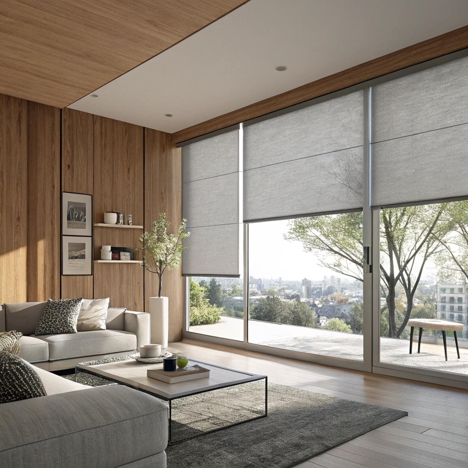 Modern living room with large gray roller blinds