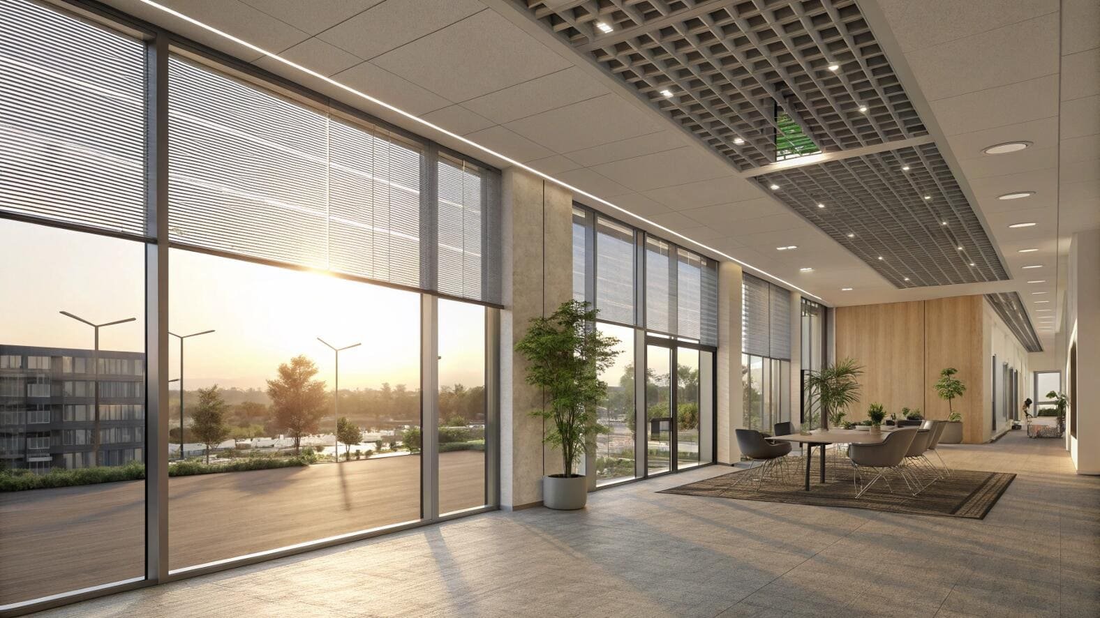 Modern office space with aluminum blinds and sunlight