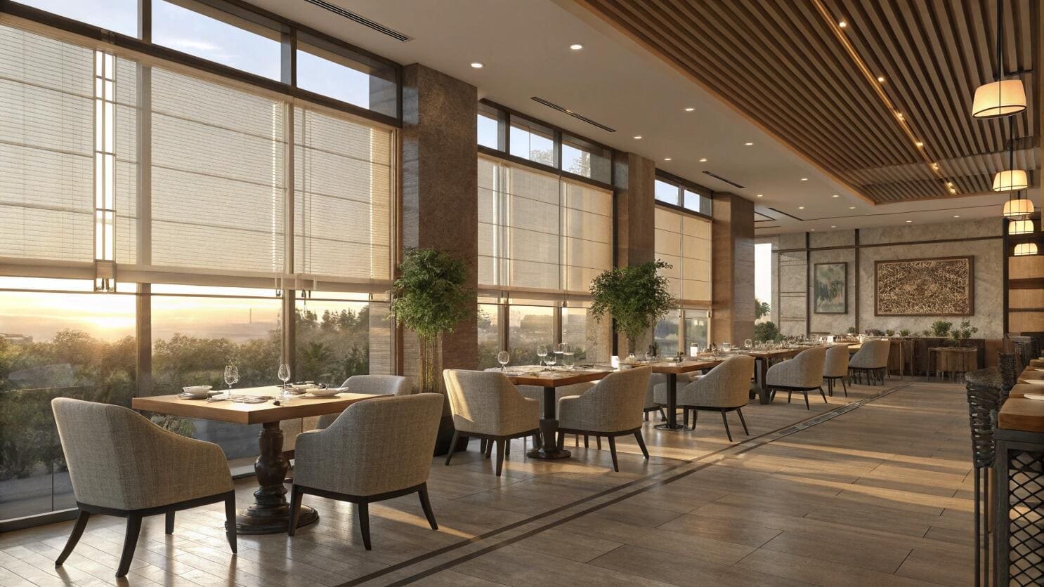 Upscale restaurant with soft roman blinds and sunset view
