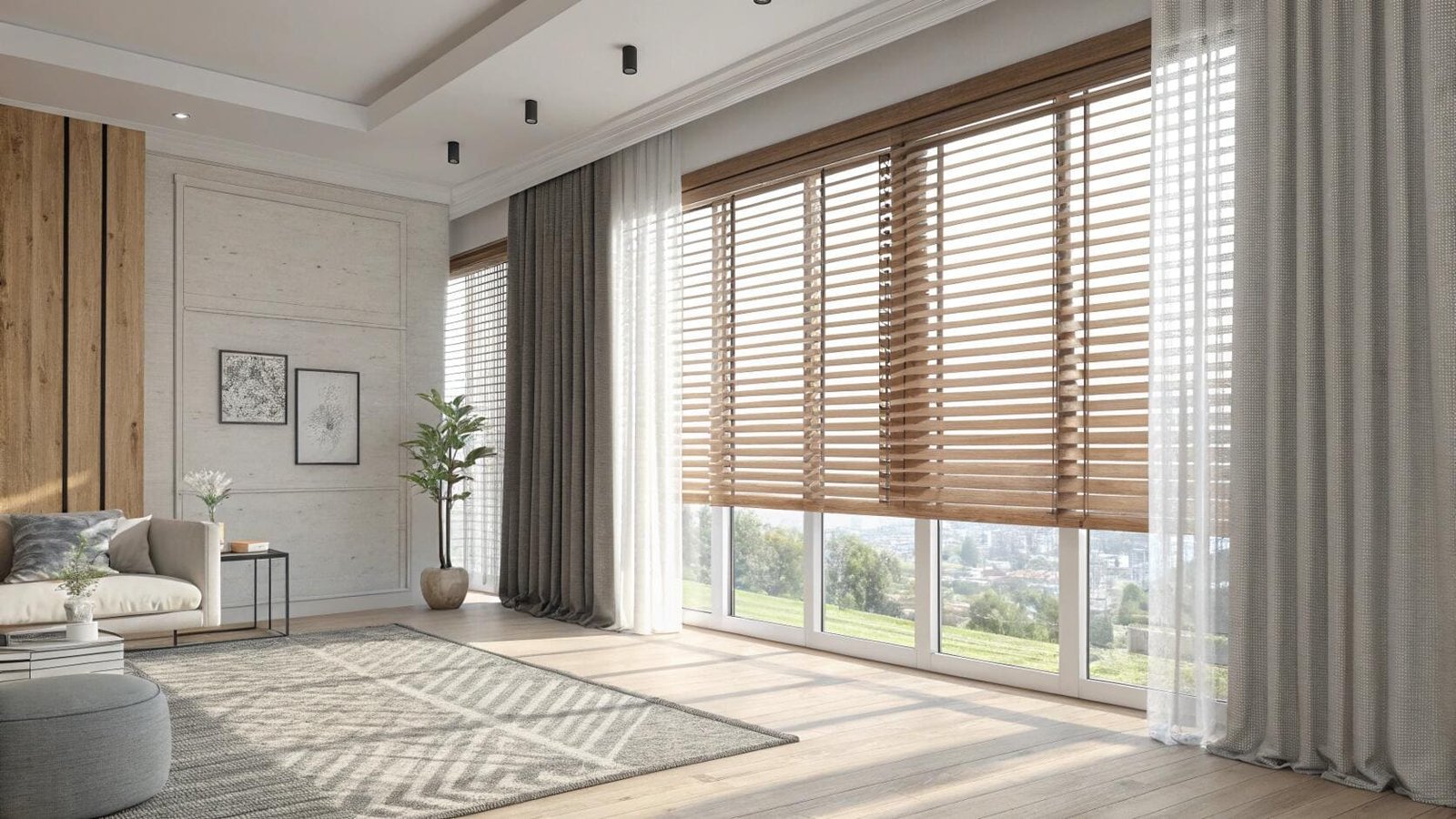 Modern living room with wooden blinds and sheer curtains
