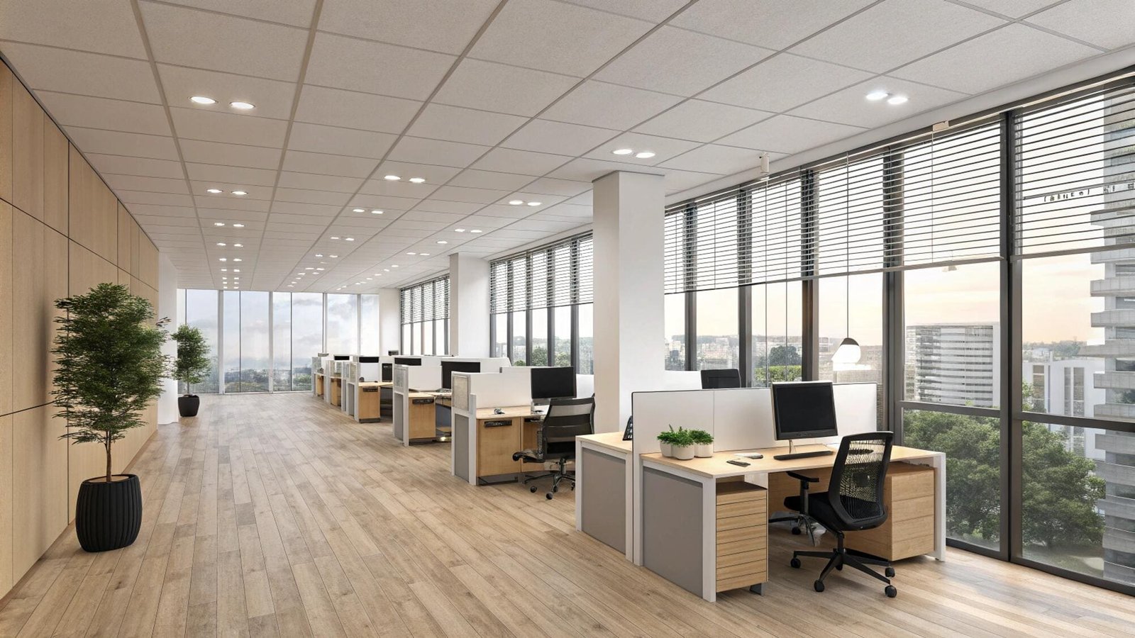Open workspace with aluminum venetian blinds and modern desks