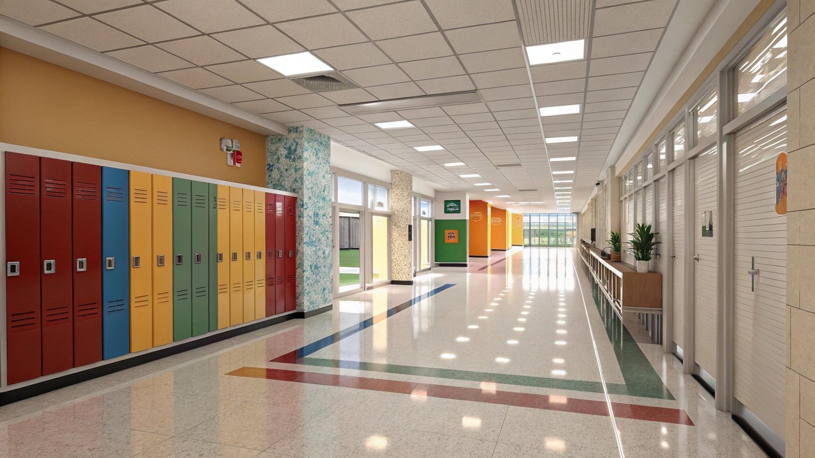 Colorful school hallway with natural light