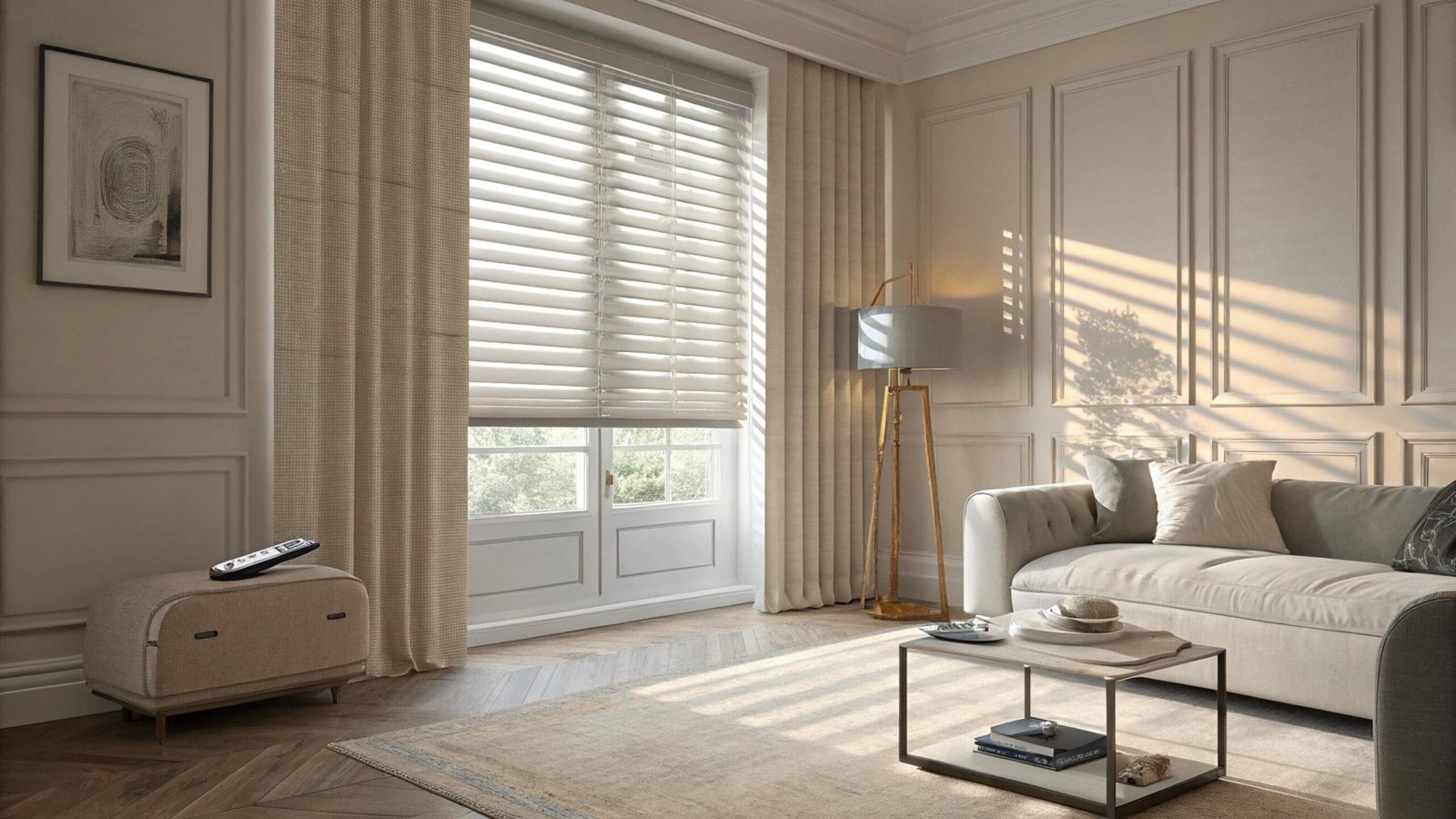 Modern living room with white venetian blinds
