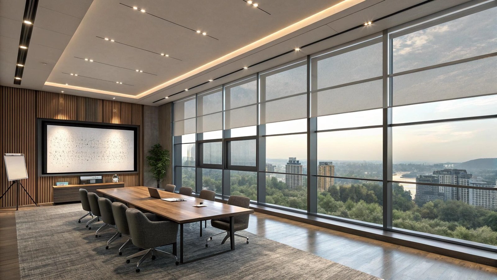 Modern boardroom with motorized solar roller blinds
