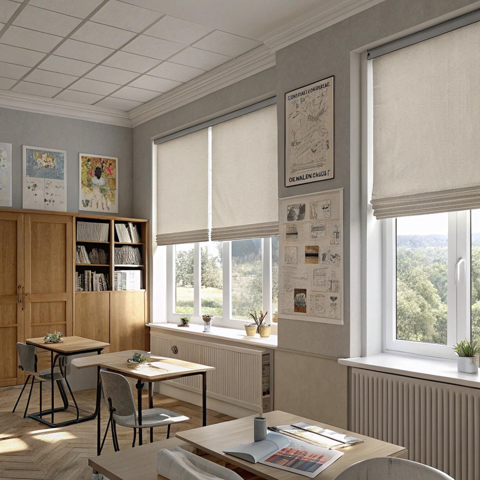 Classroom with beige fabric roman shades and educational decor