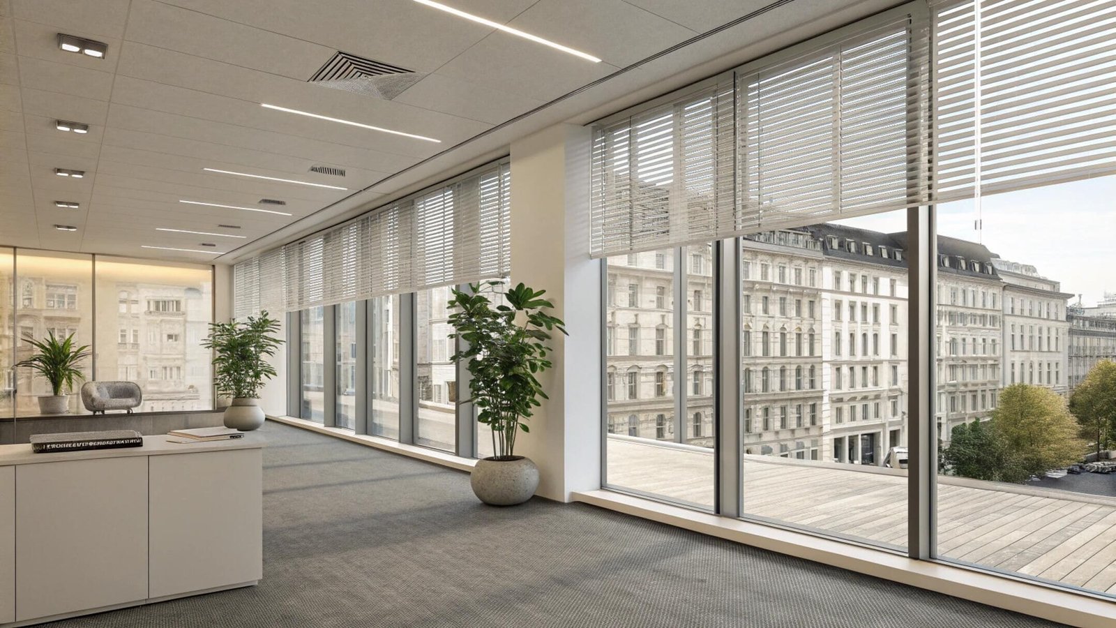 Modern office with large venetian blinds