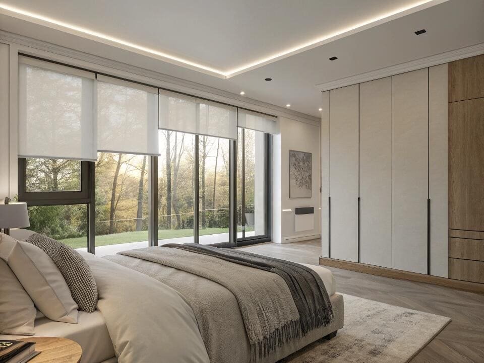 Minimalist bedroom with sheer roller blinds