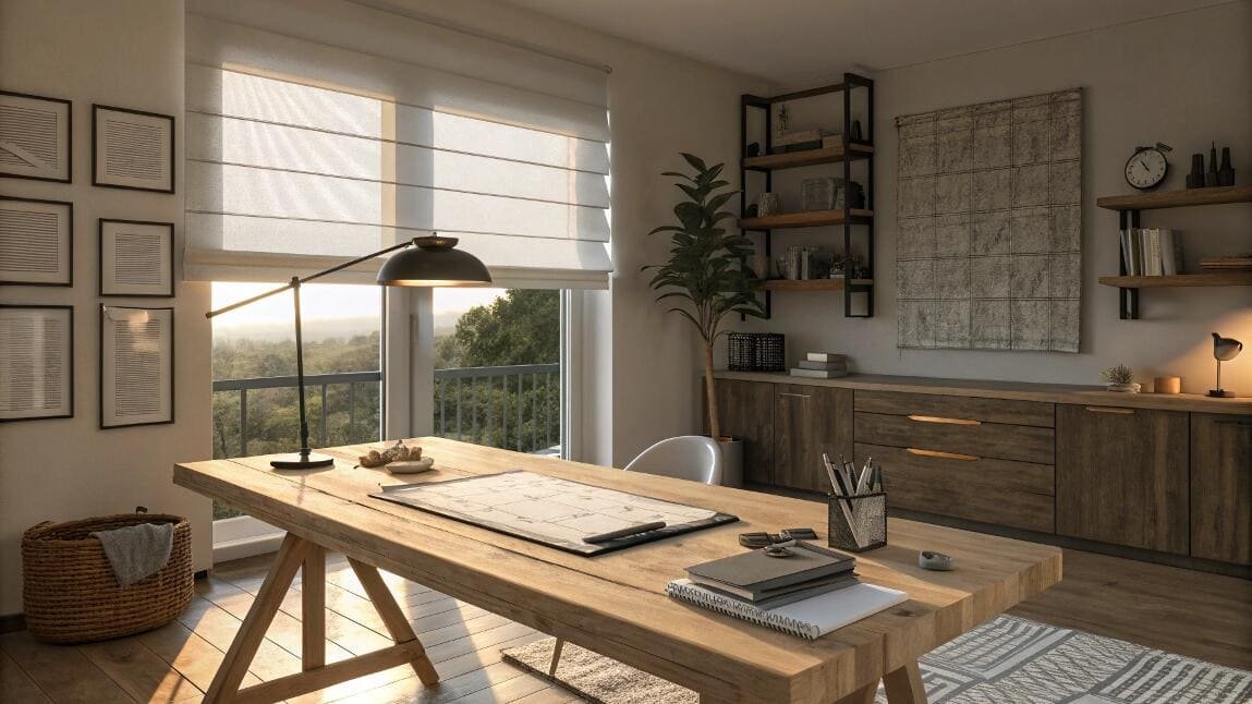 Home office with roman blinds and wood furniture