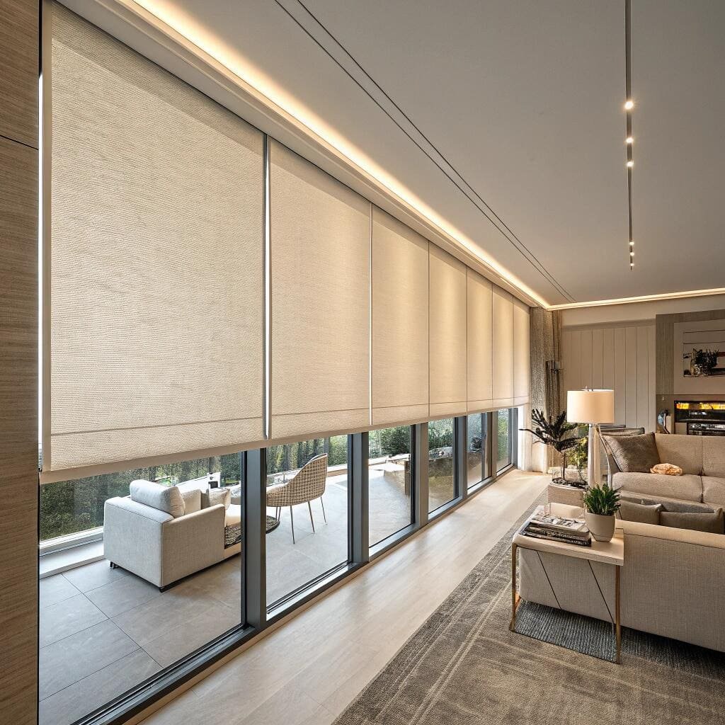 Modern living room with beige roller blinds and large windows