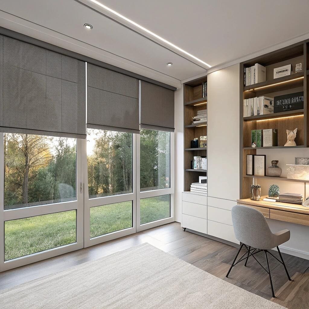 Modern home office with grey roller blinds and built-in shelves
