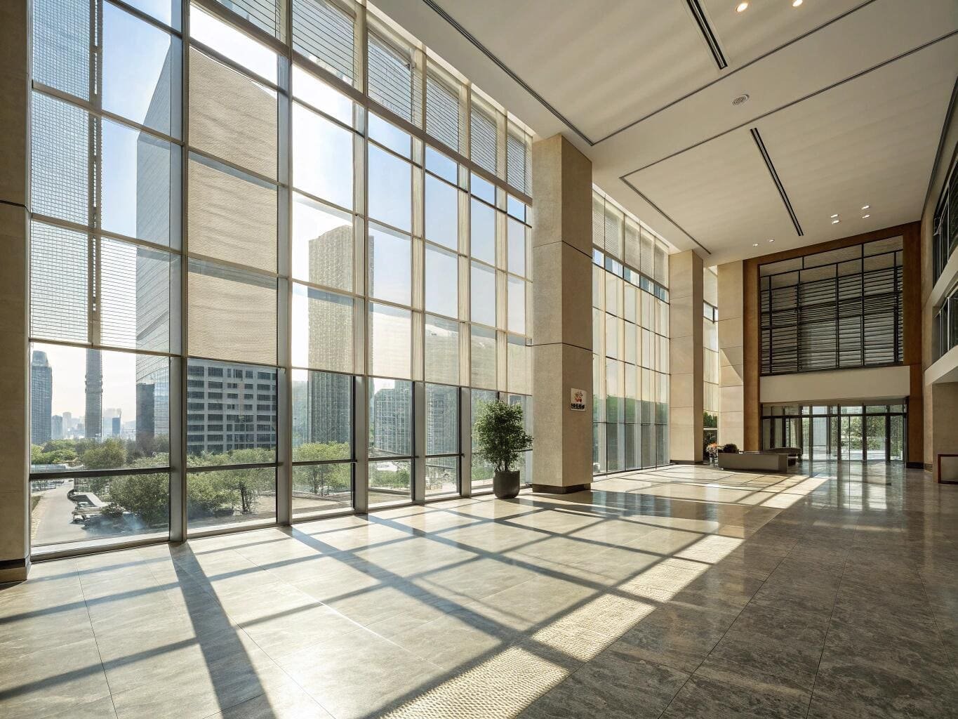 Spacious commercial lobby with floor-to-ceiling roller shades