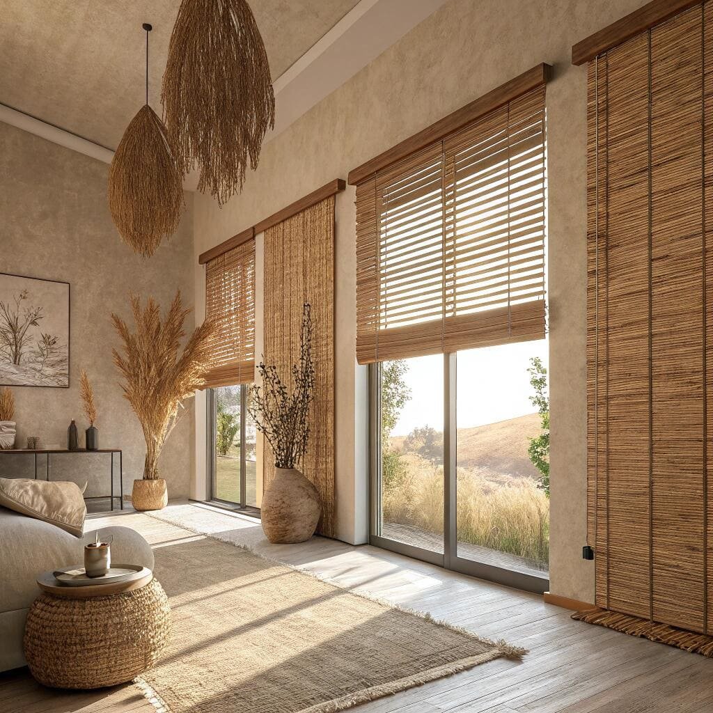 Boho living room with natural bamboo blinds