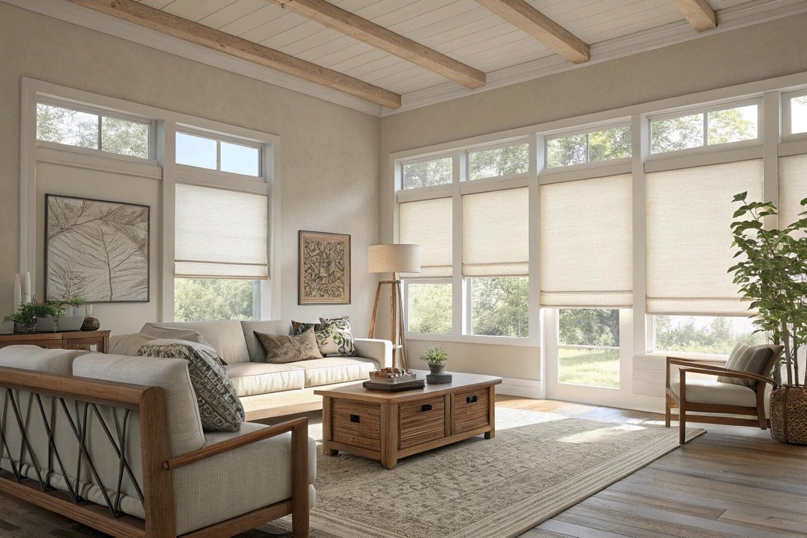 Bright living room with light-filtering roller blinds
