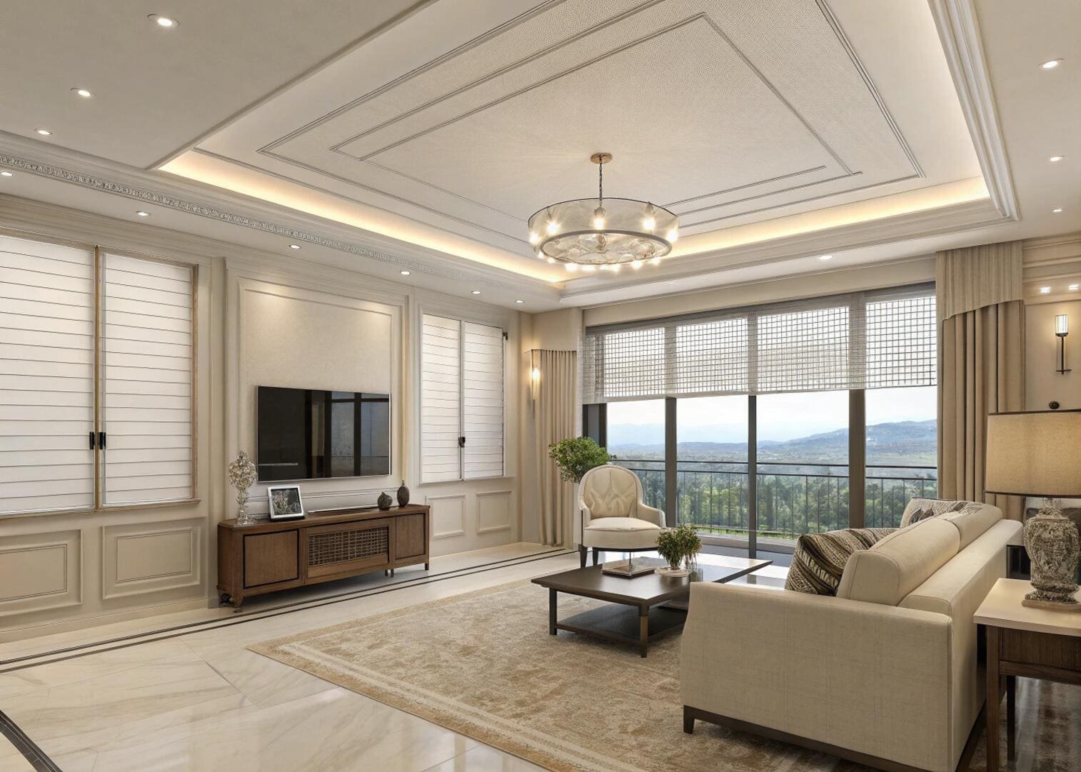 Modern living room with layered soft blinds and drapery