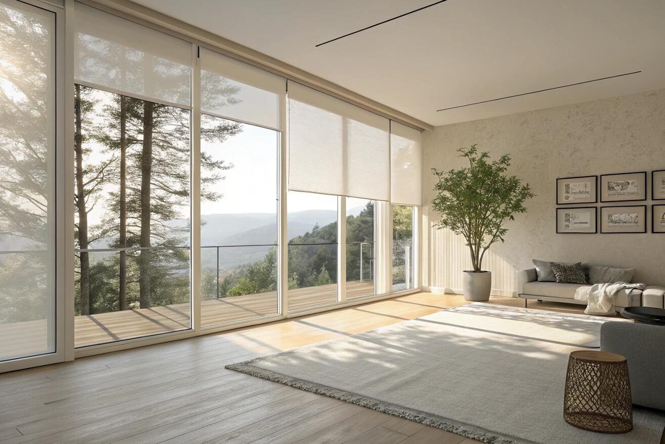 Modern living room with floor-to-ceiling sheer roller blinds