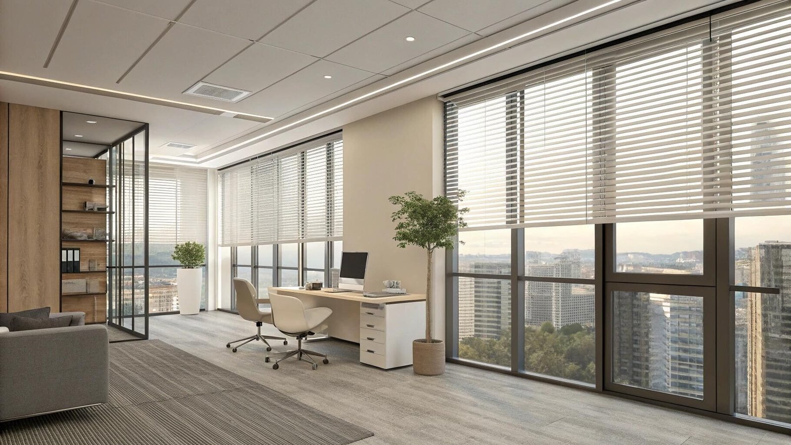 Modern office with aluminum venetian blinds and skyline views
