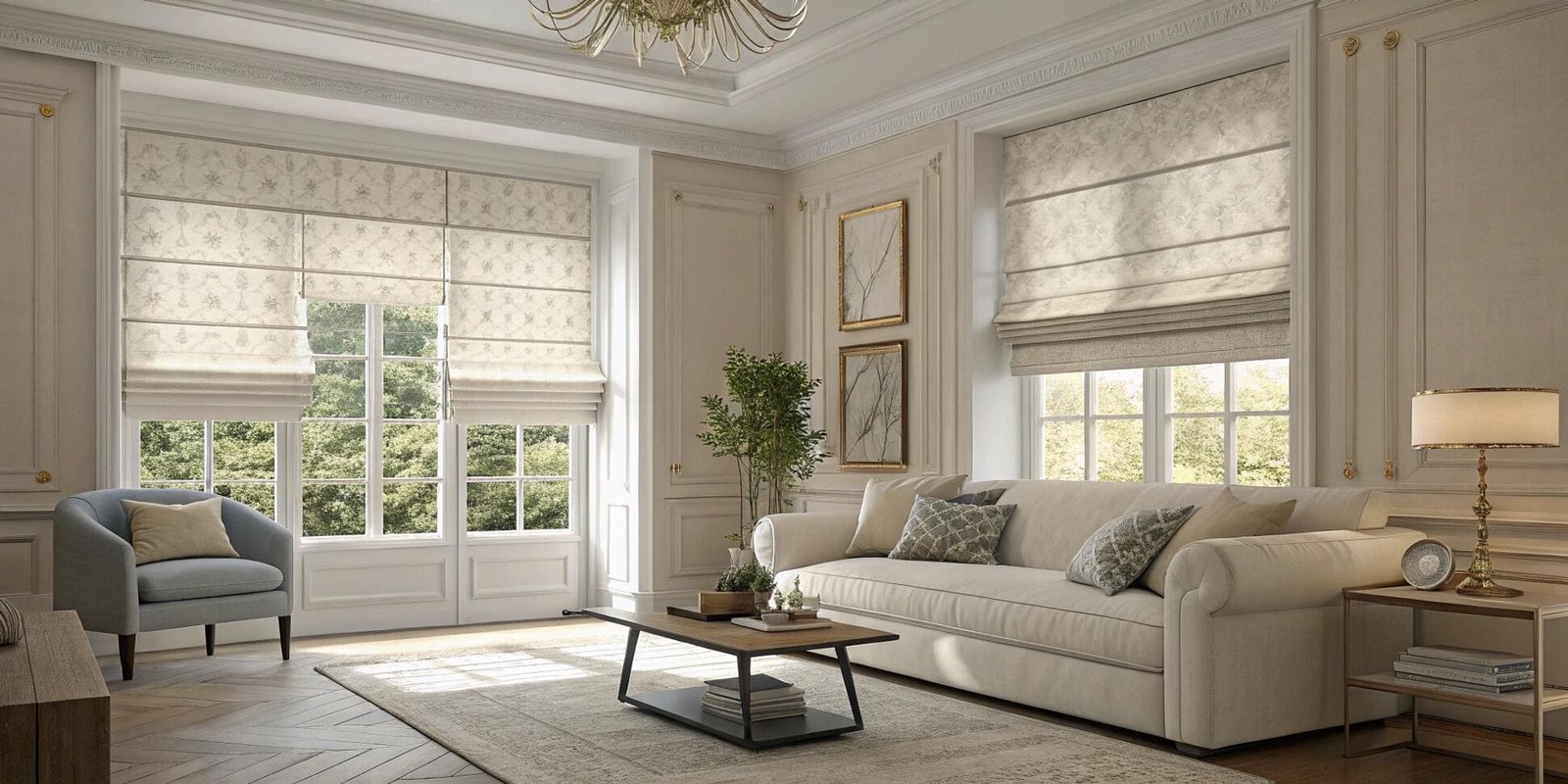 Elegant living room with floral patterned roman blinds