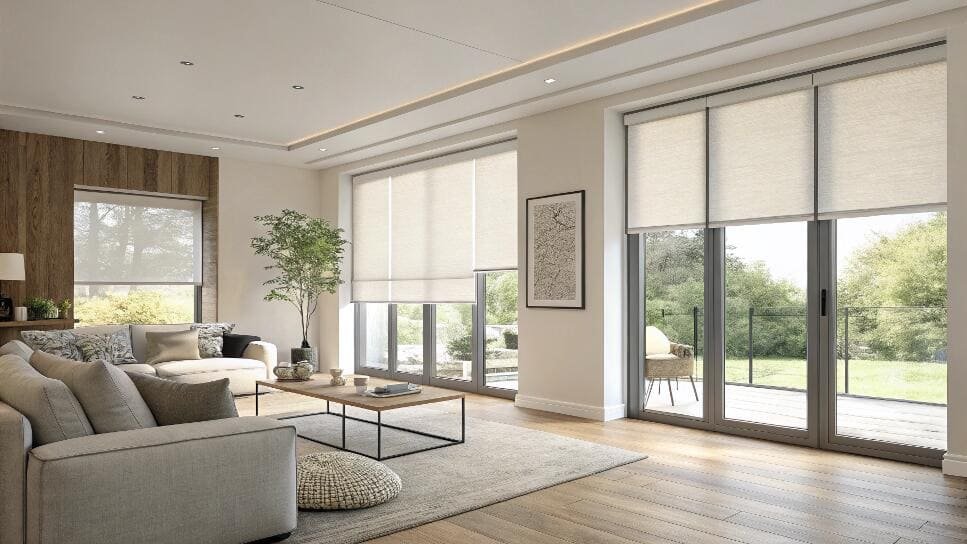 Modern living room with beige roller blinds and large windows