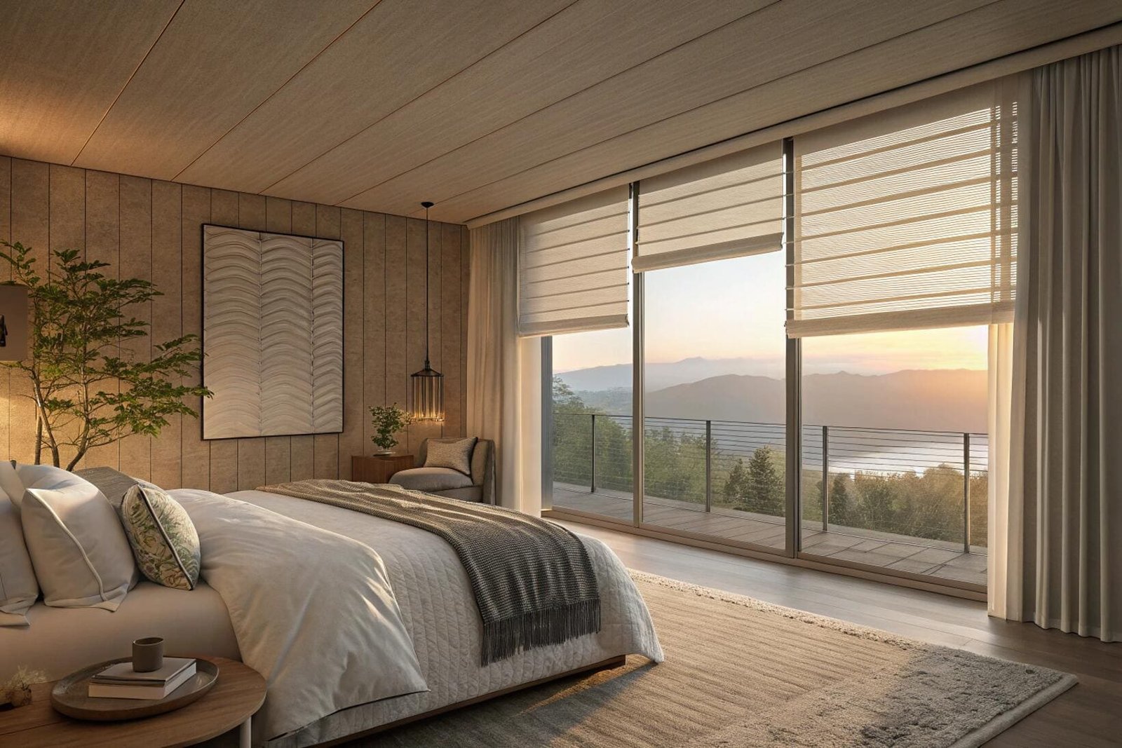 Relaxing bedroom with roman blinds and scenic balcony view