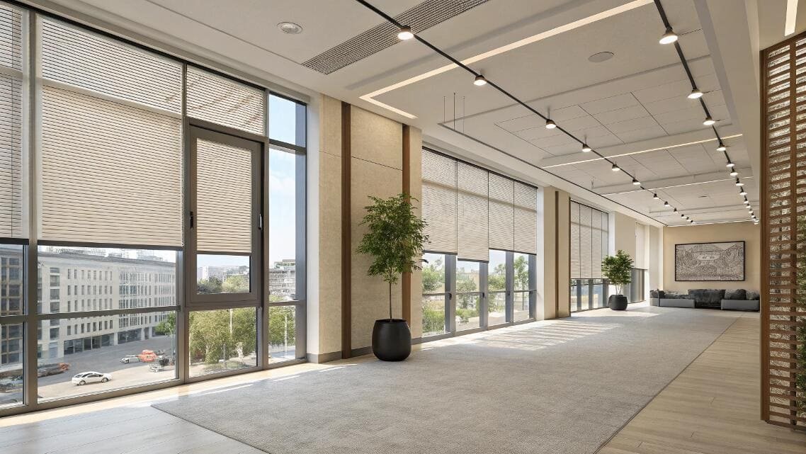 Spacious lobby with horizontal blinds and panoramic windows