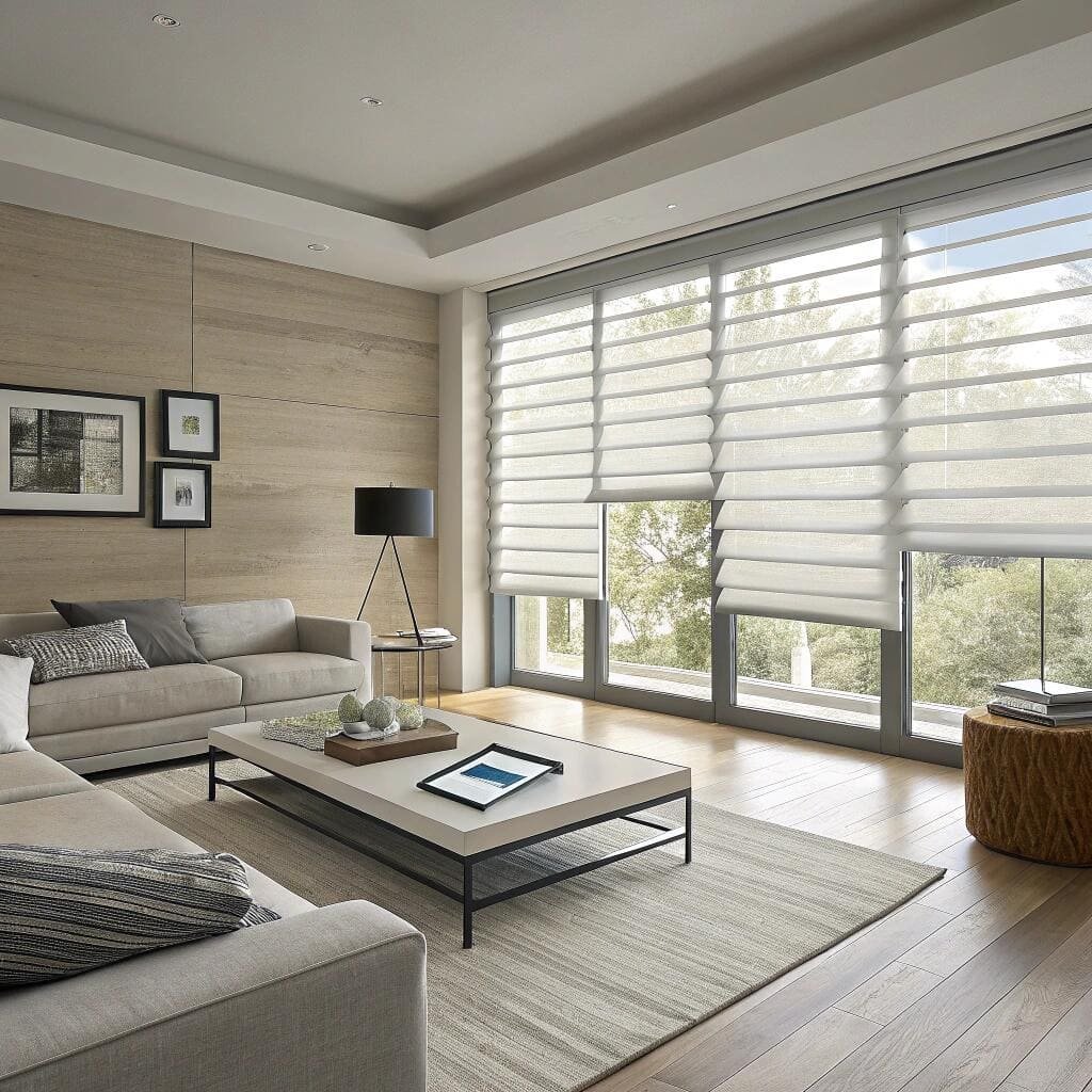Modern living room with white sheer roman blinds